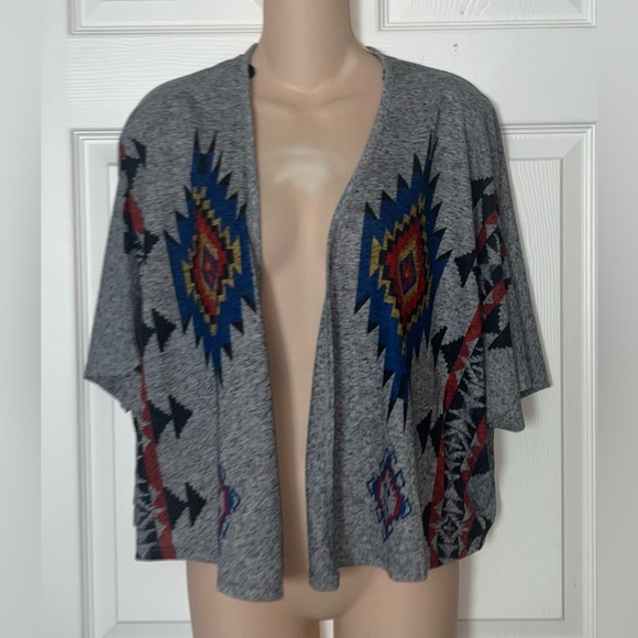 Forever 21 Gray Colorful Aztec Tribal Print Open Front Cardigan Cropped Small - Picture 4 of 9